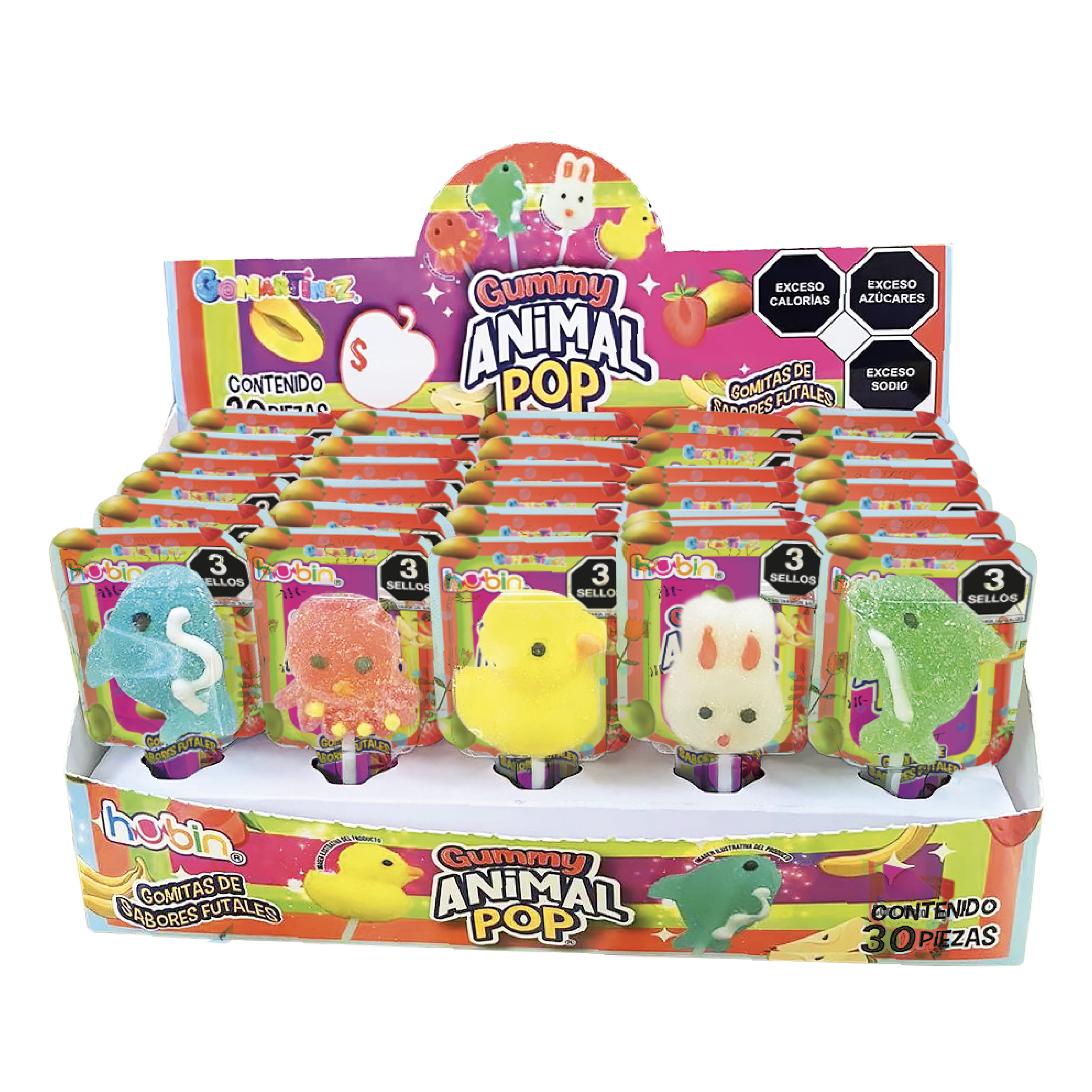 HUBIN GUMMY ANIMAL POP NEON 1/30pz (Caja:16dsp)